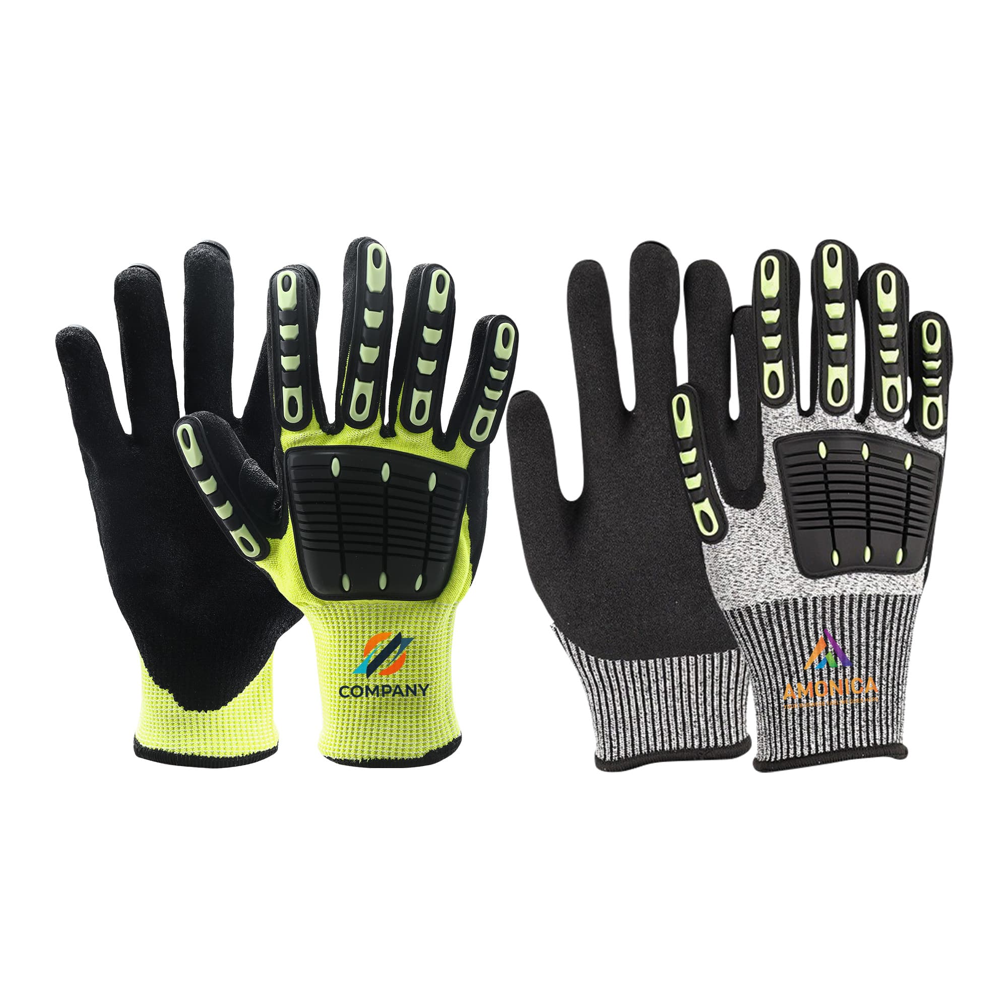 Heavy duty safety work gloves in black and grey with yellow highlights and reinforced thumb web, featuring a logo. Heavy Duty Safety Work Gloves With Reinforced Thumb Web - Image 1