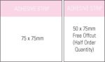 A white notepad featuring adhesive strips, measuring 75 x 75 mm, with a pink header and branding.