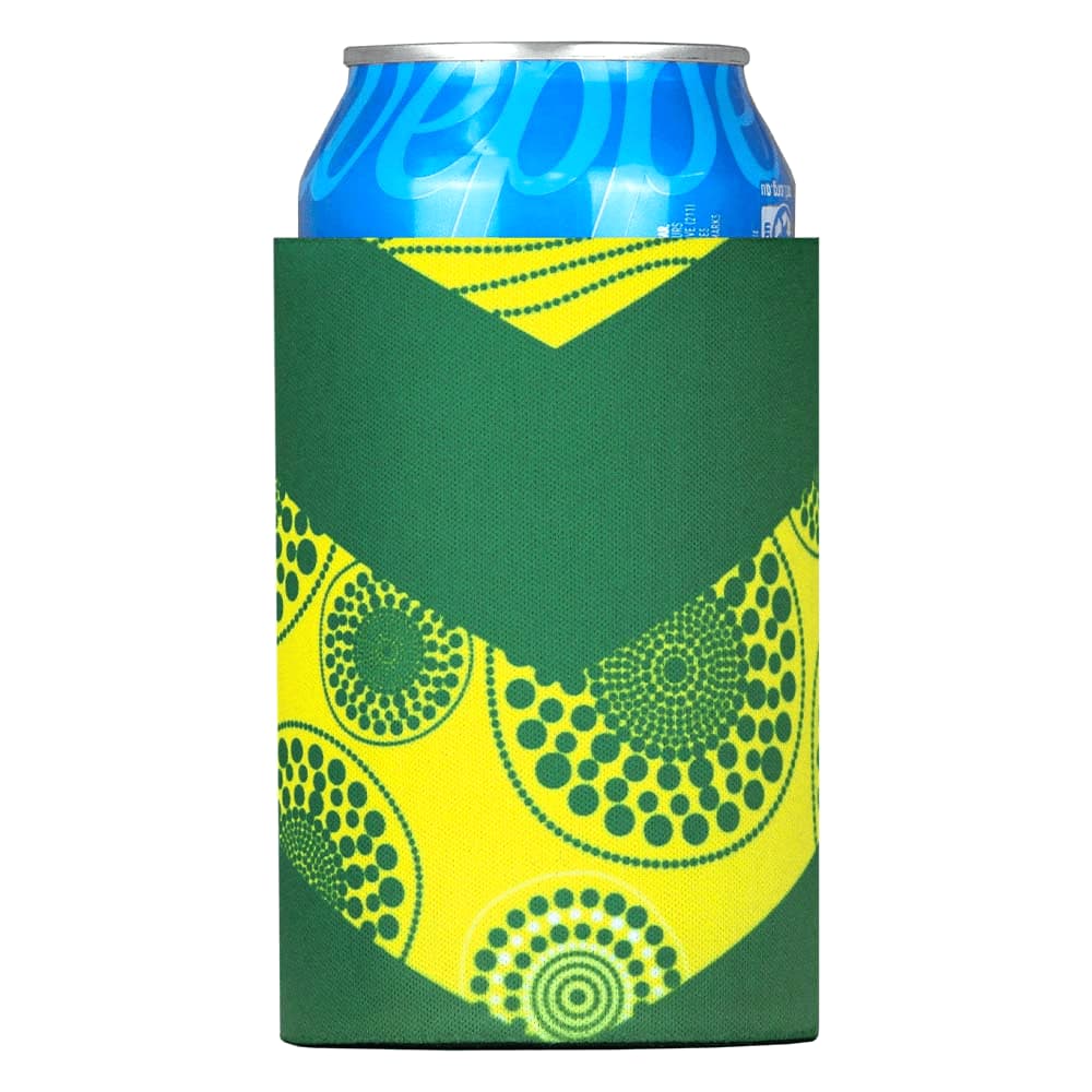 A green neoprene stubby holder with a yellow and green design, holding a can of drink. Neoprene Stubby Holder - Image 1