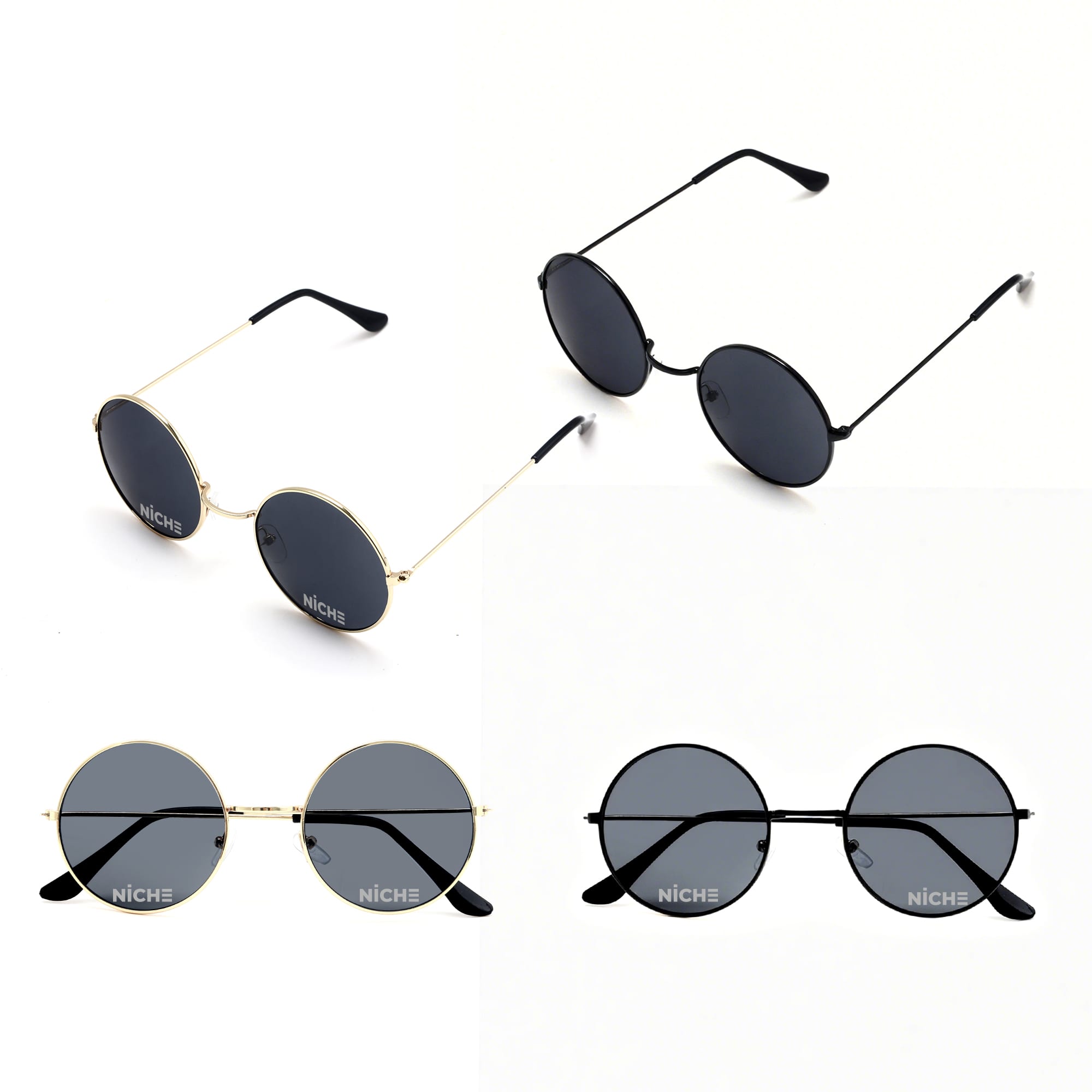 Retro round sunglasses in black and gold, featuring dark lenses and thin metal frames. Some have a logo present. Retro Round Sunglasses - Image 1