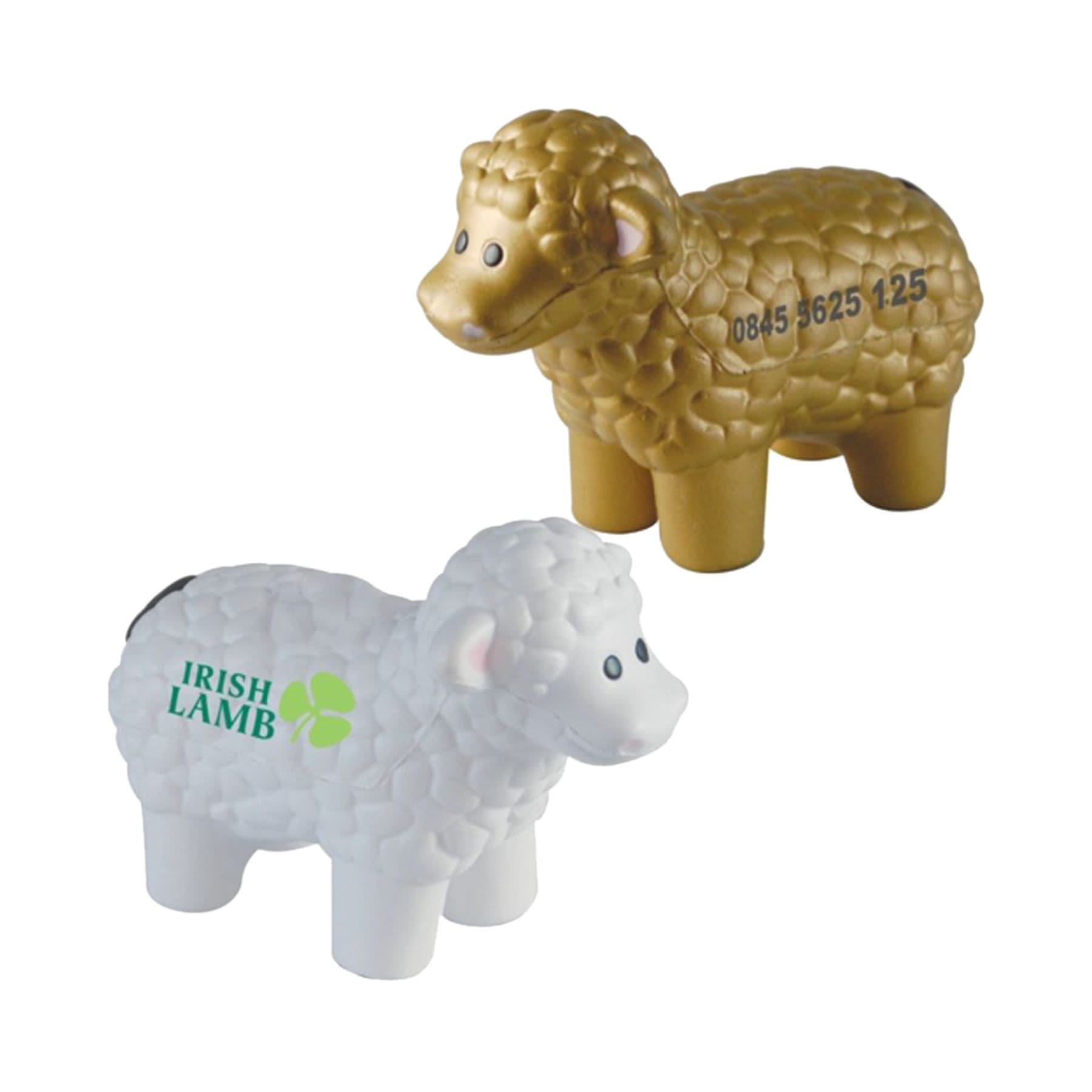 A gold and a white sheep-shaped stress reliever, each with textured details and a logo on the white one. Sheep without Horn Shape Stress Reliever - Image 1