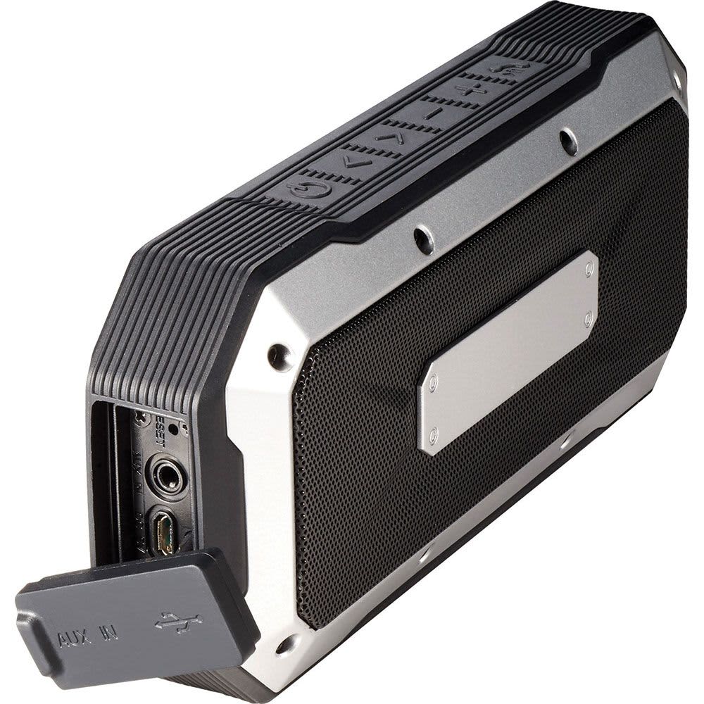 A grey and black waterproof outdoor Bluetooth speaker with input ports and a protective cover. It features a logo on the side. Boulder Waterproof Outdoor Bluetooth Speaker - Image 1