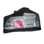 A black bag containing folded metal poles and accessories for a tension fabric display wall.