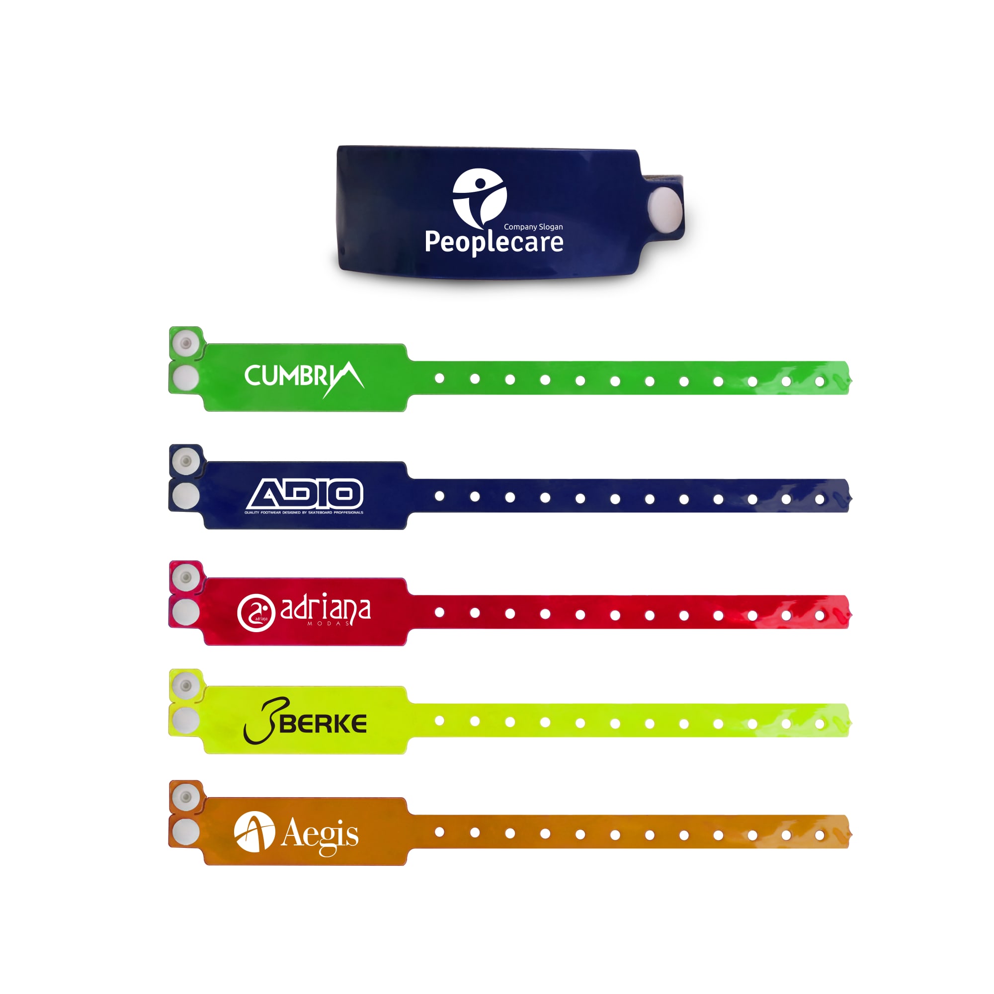 A selection of colourful disposable reflective PVC wristbands in green, blue, orange, and red, each featuring a logo. Disposable Reflective PVC Wristband - Image 1