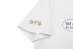 A white cotton t-shirt featuring a logo on the sleeve and a graphic print on the front.