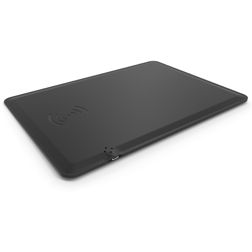 A black wireless charging mouse pad with a logo, designed for charging compatible devices. Wireless Charging Mouse Pad - Image 1