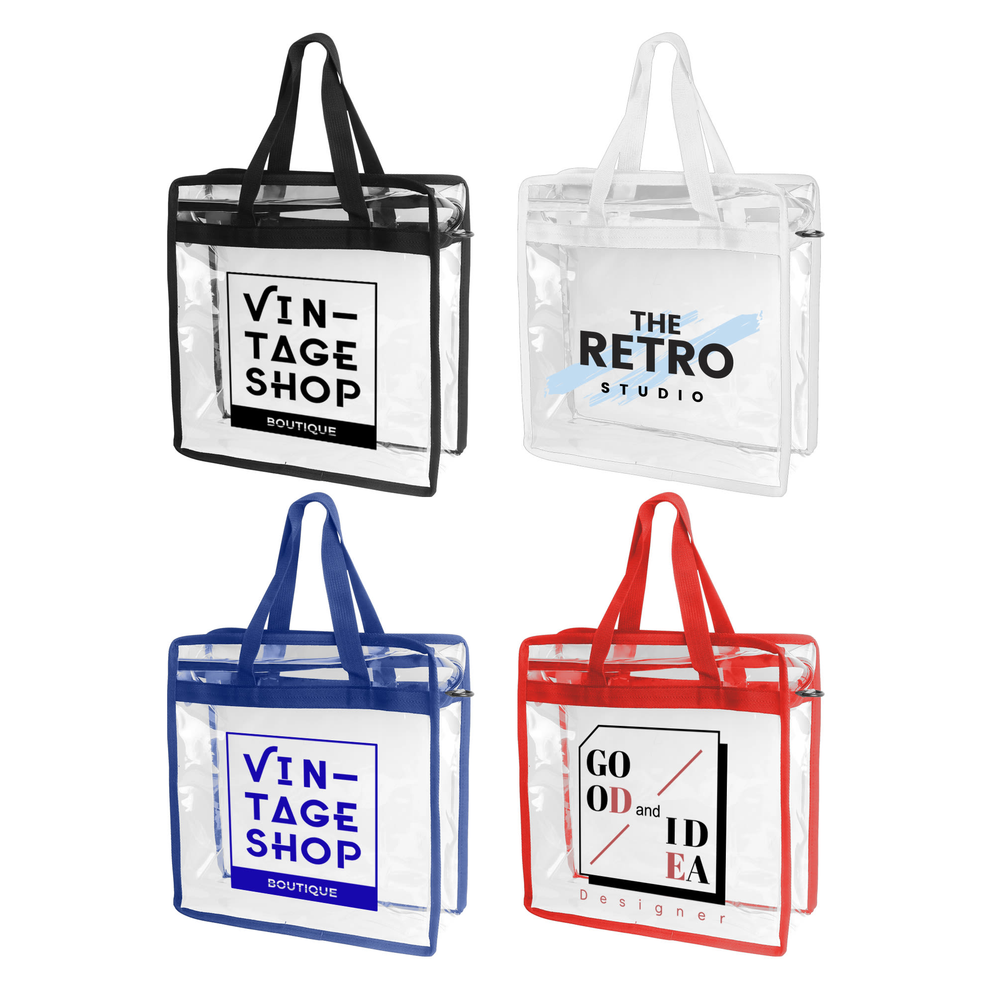Clear tote bags in black, blue, and red; featuring shoulder straps and various logo designs. Clear Tote Bag With Shoulder Strap - Image 1