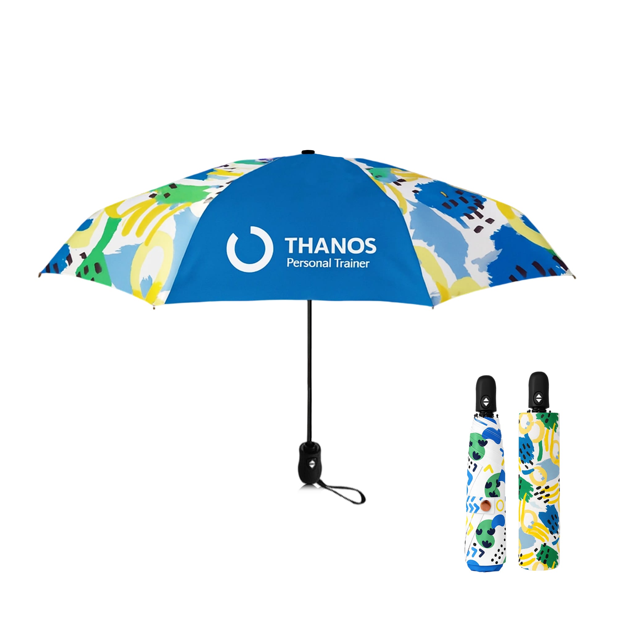 A compact, multi-coloured auto umbrella with a blue top and decorative patterns, featuring a logo on one side. Light Mini Auto Umbrella - Image 1