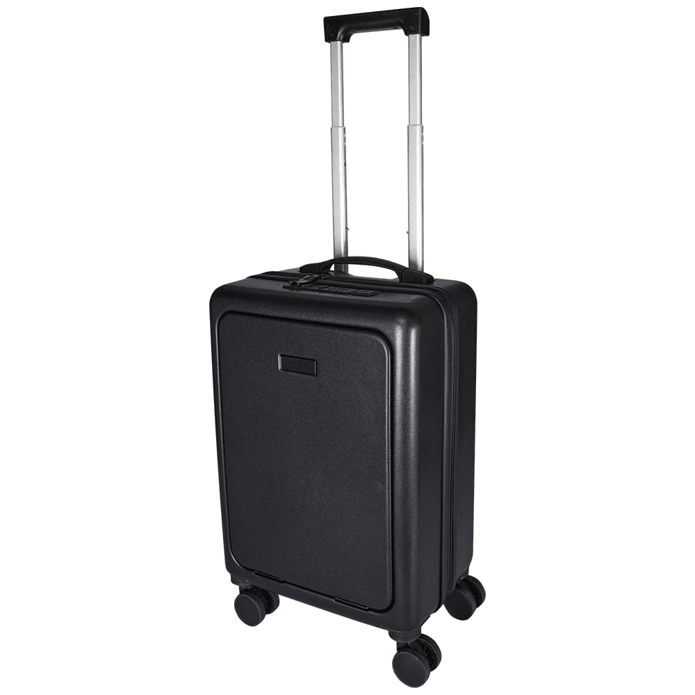 A black wheeled cabin trolley with a retractable handle and four wheels. It features a sleek design and a logo. Rover Pro Recycled Cabin Trolley 40L - Image 1