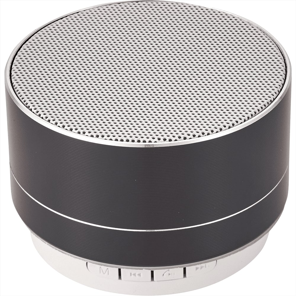 A round black aluminium Bluetooth speaker with a silver grille and control buttons on the base. It has a simple, modern design. Dorne Aluminium Bluetooth Speaker - Image 1