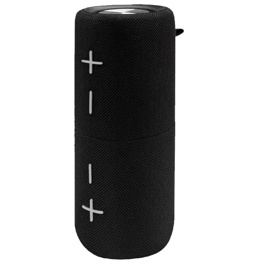A cylindrical black Bluetooth speaker with control buttons on the side and a logo on the front. Breakaway Bluetooth Speaker - Image 1