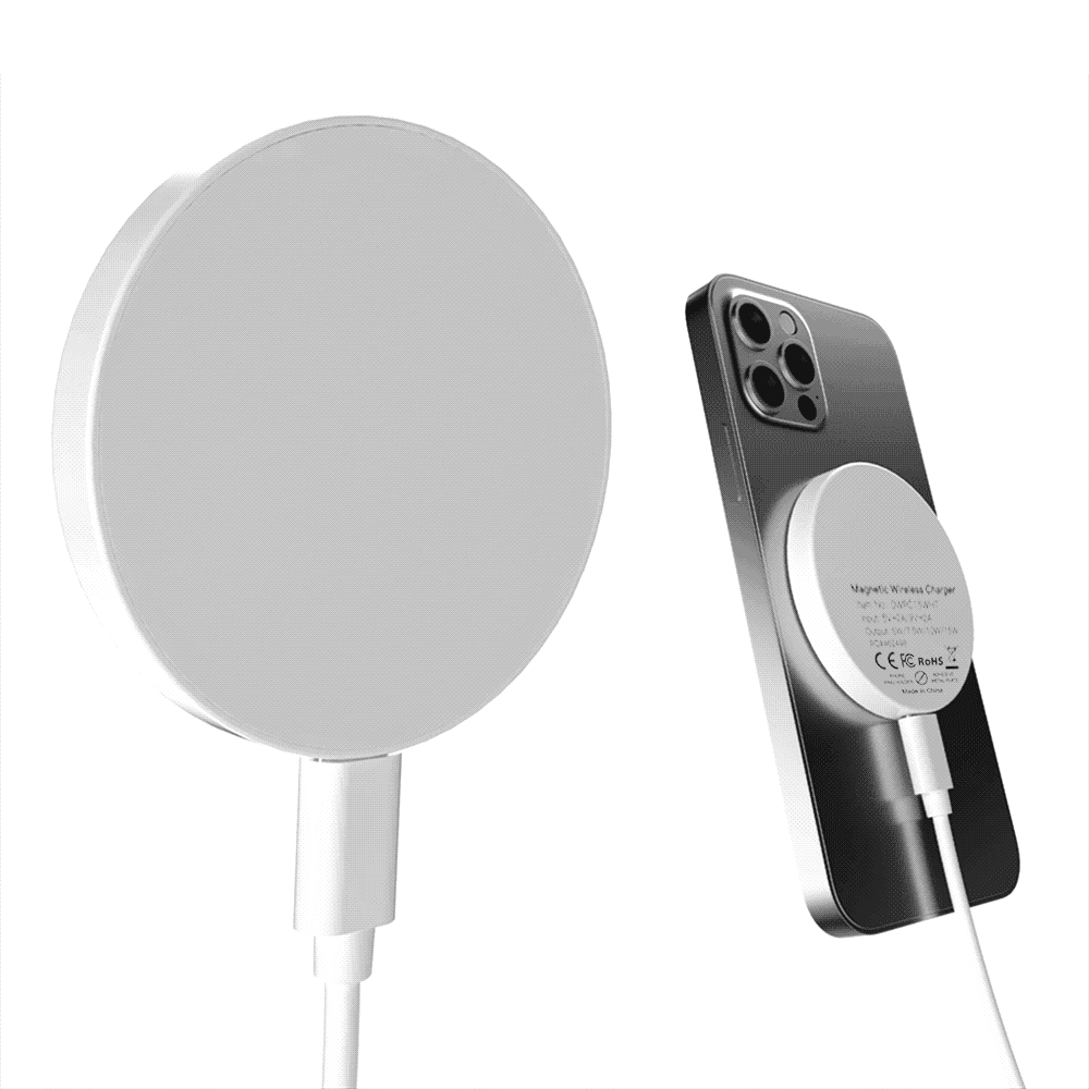 A round, white magnetic wireless charger connected to a smartphone, featuring a sleek, minimal design. Magnetic Wireless Charger - Image 1