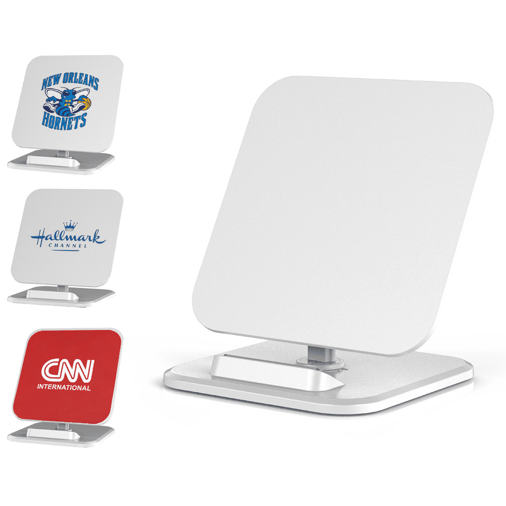 A wireless charger and stand in white and silver, featuring three different logos on the surface. Wireless Charger & Stand - Image 1