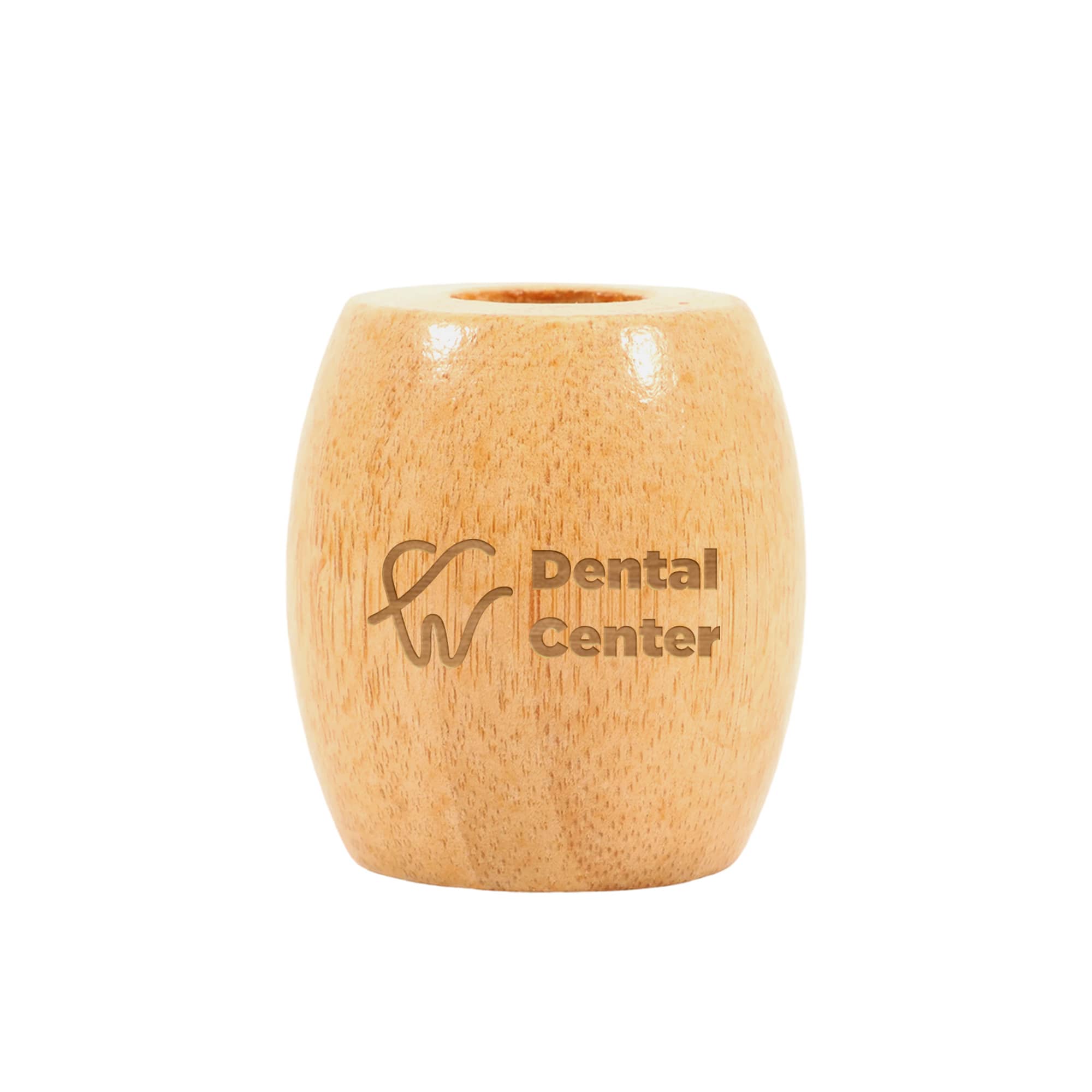 A bamboo toothbrush stand in a light wood colour with a logo on the front. Bamboo Toothbrush Stand - Image 1