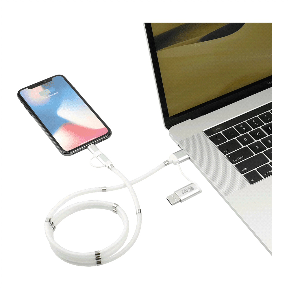 A white 5-in-1 charging cable with a magnetic wrap, connecting a phone to a laptop. The cable features a sleek design. Whirl 5-In-1 Data Transfer Cable w/ Magnetic Wrap - Image 1