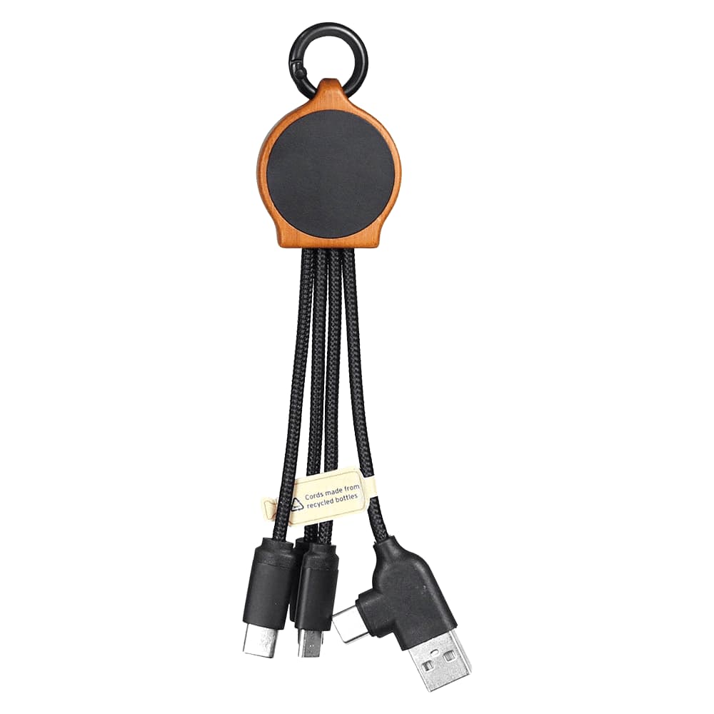 A bamboo charging hub featuring three black RPET cables attached, with a keyring for easy attachment. Bamboo Charging w/ RPET Cables - Image 1