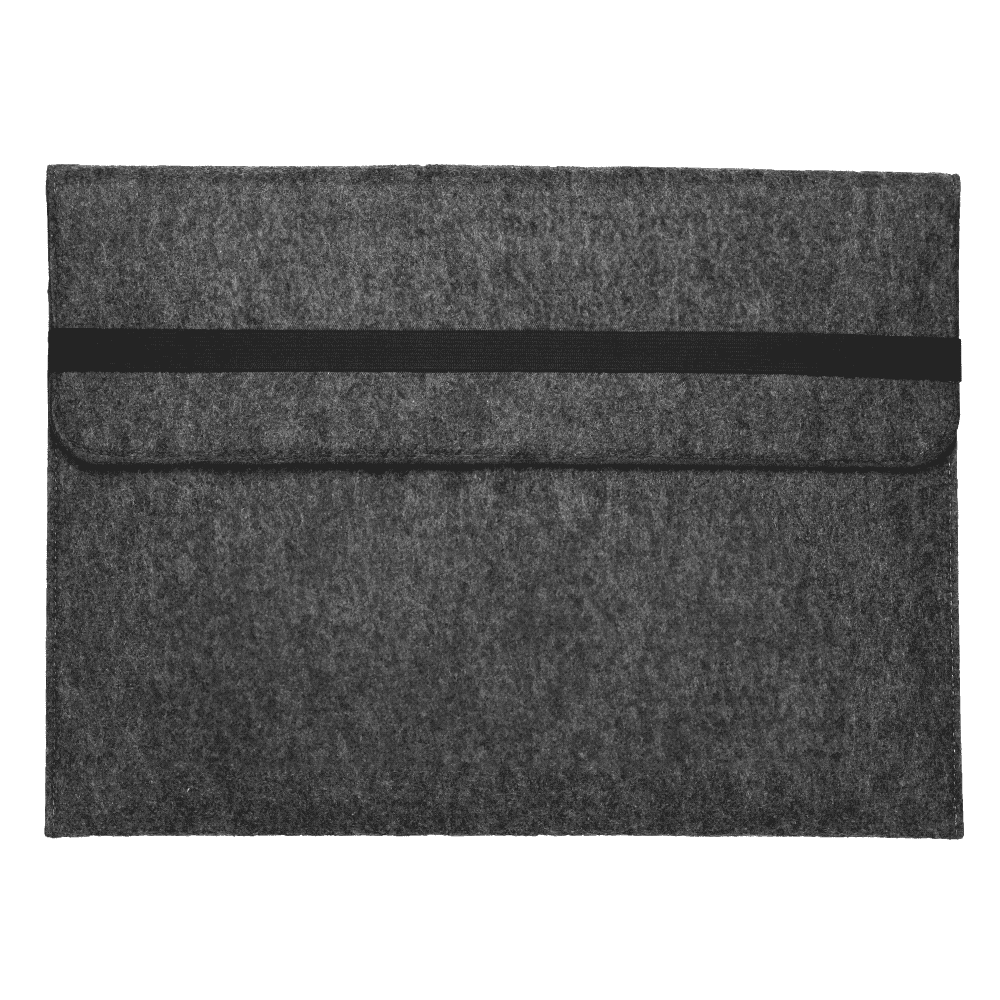 A grey felt laptop sleeve with a black elastic band for closure, featuring a simple design and a logo. Doco Recycled 15" Felt Laptop Sleeve - Image 1