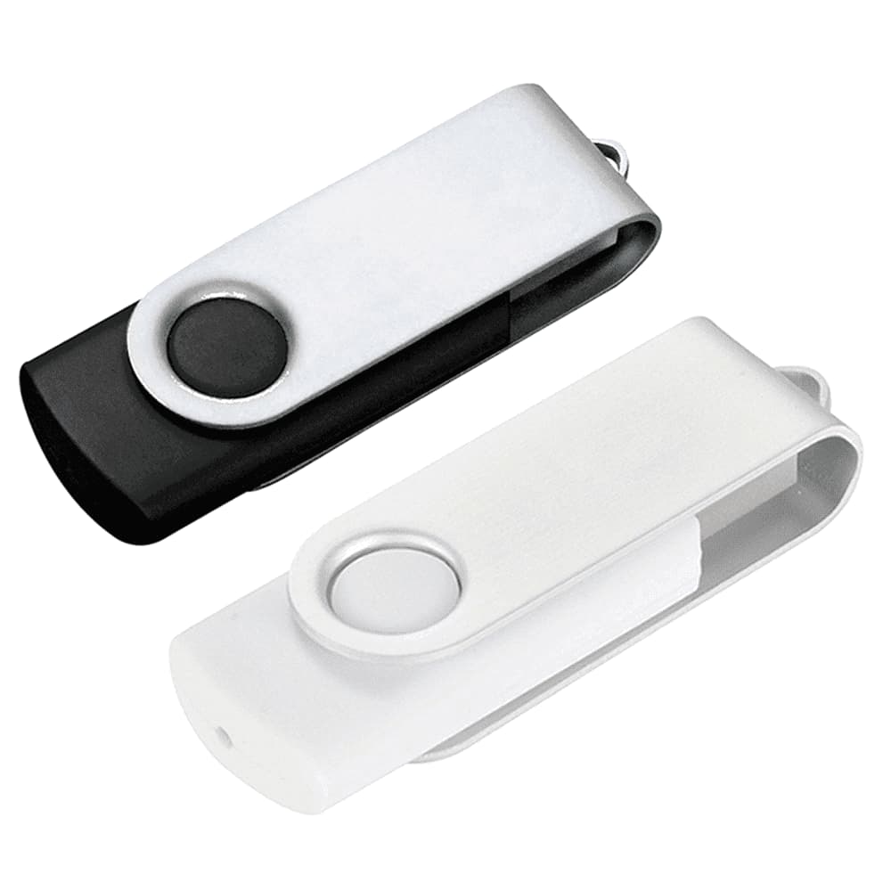 A USB flash drive in black and white, featuring a rotating design and a circular button. Includes a logo. Rotate USB - 32GB - Locally Stocked - Image 1