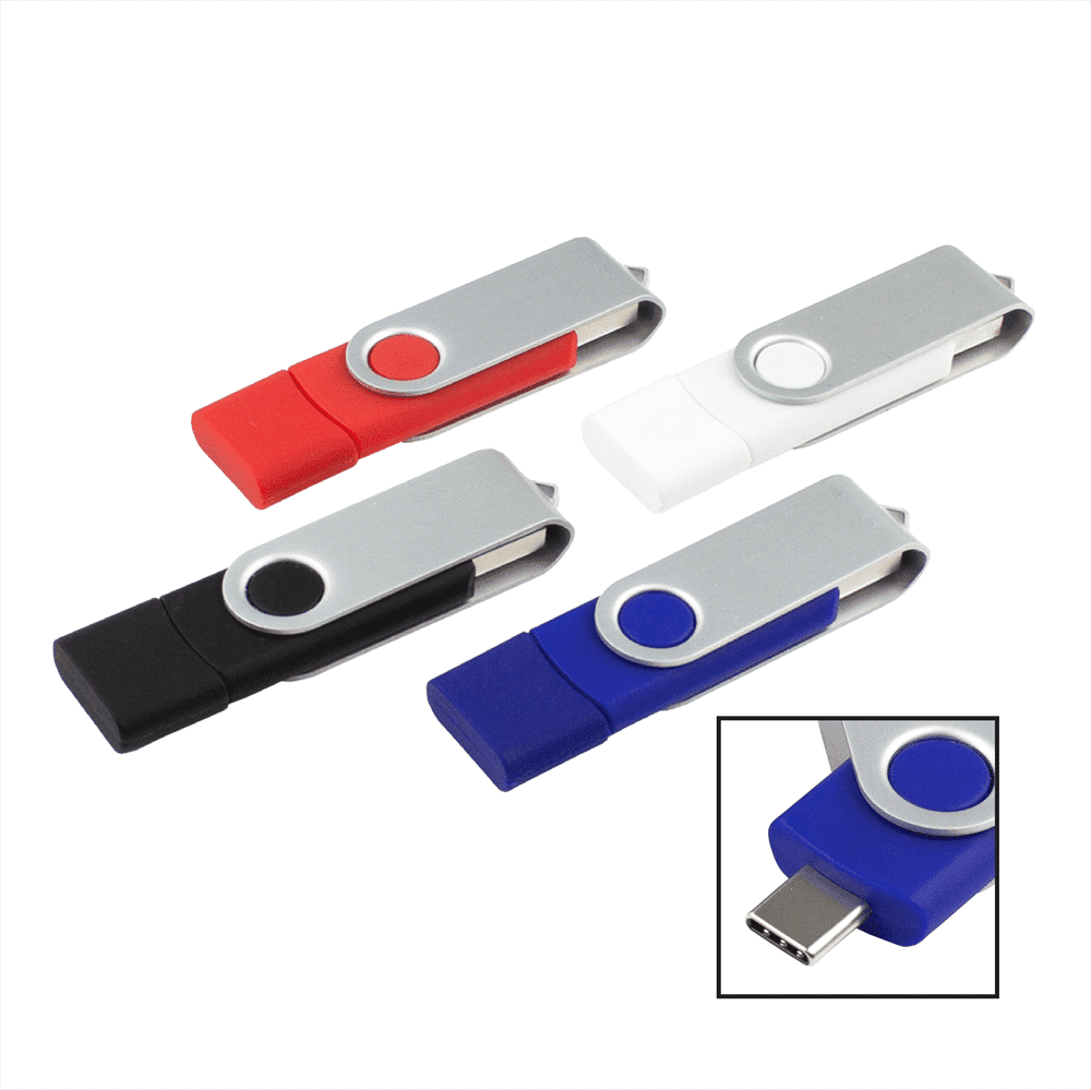 A set of four Rotate Dual USB flash drives in black, red, white, and blue, featuring a logo on each. Rotate Dual USB - 8GB - Locally Stocked - Image 1