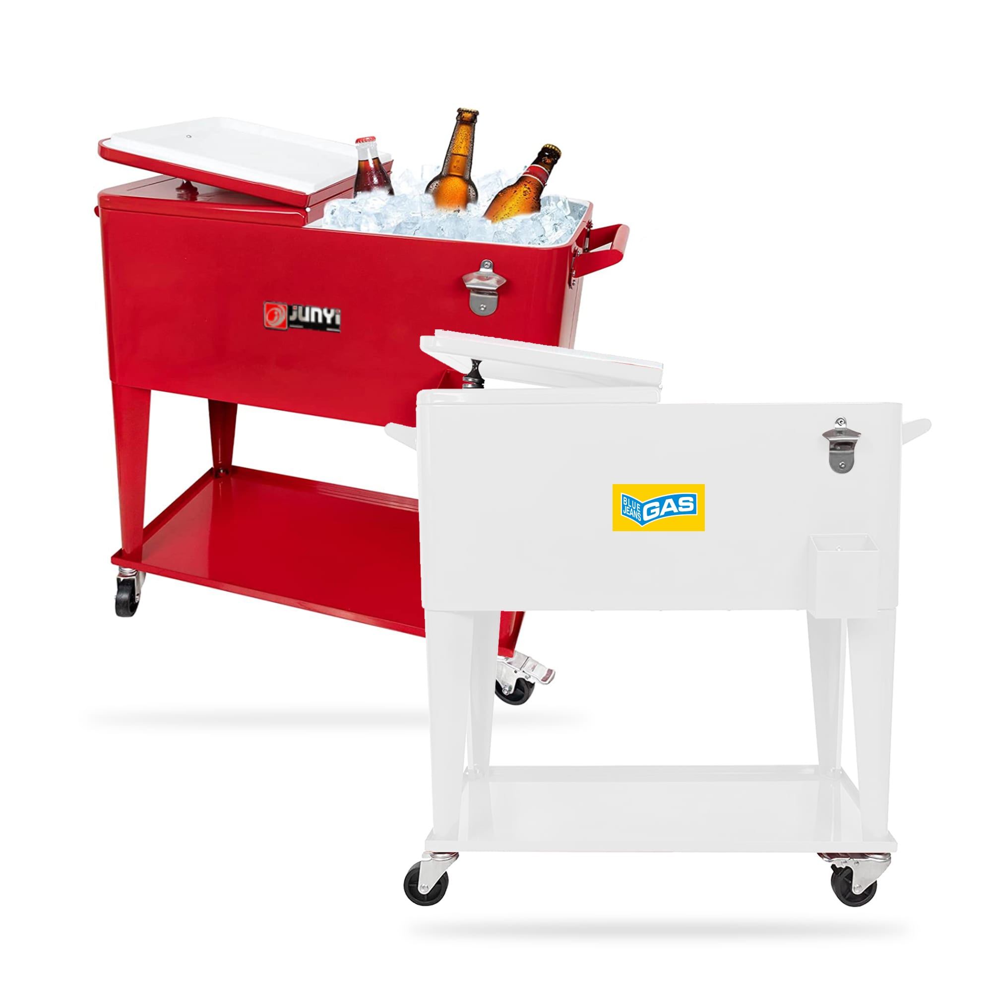 A red and a white cooler box trolley filled with ice and various drink bottles, on wheels with a handle. 75L Cooler Box Trolley - Image 1