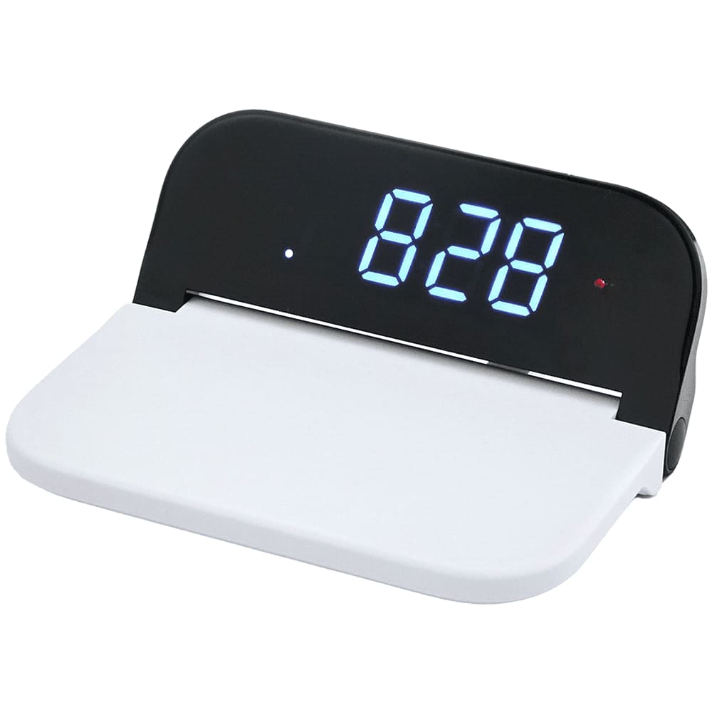 A digital clock with a black display and white base, featuring a wireless charging area. Digital Power Clock 15W Wireless Charger - Image 1
