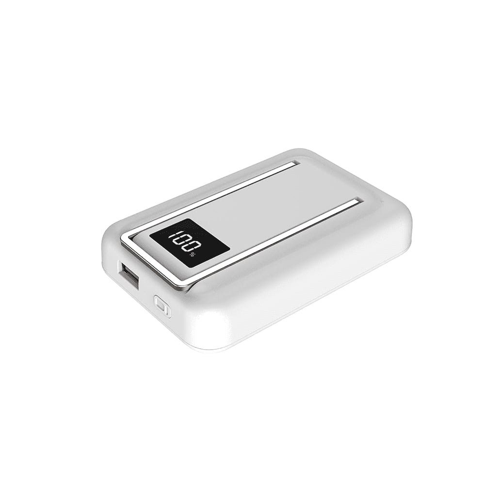 A white power bank with a phone stand, featuring a digital display for battery percentage and a USB port. Magnetic Power Bank w/ Phone Stand 10000 mAh - Image 1