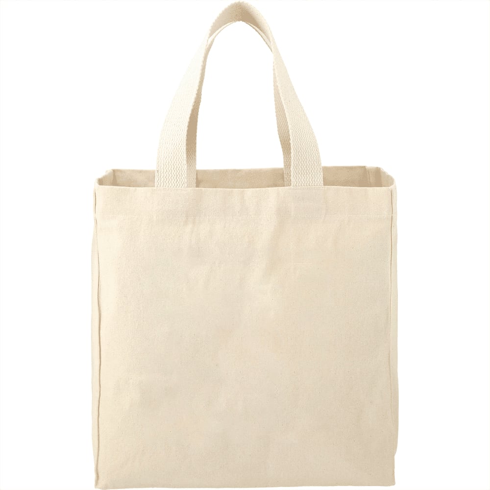 A beige reusable grocery tote bag with two handles, featuring a logo. The bag is made of cotton and has an 8L capacity. Essential Cotton Grocery Tote 8L - Image 1