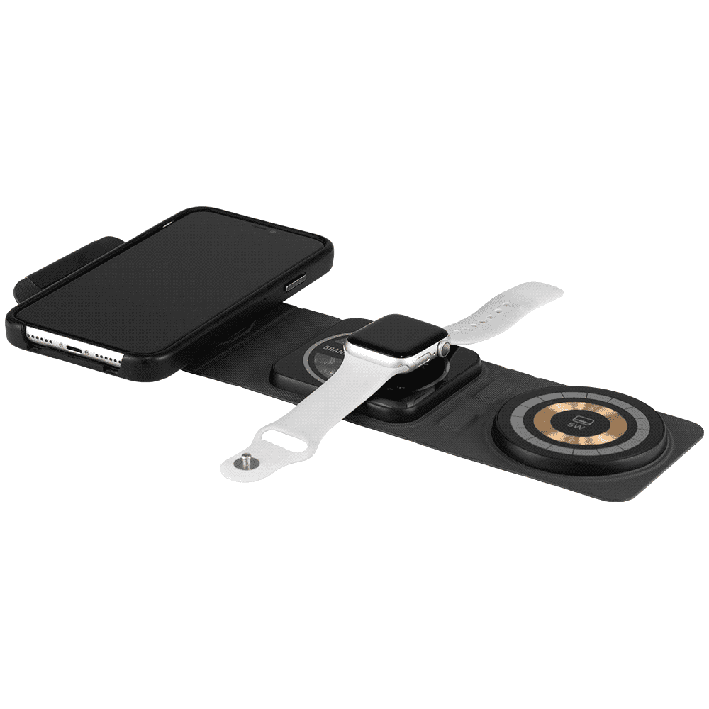 A black multi-media charger featuring a phone, smartwatch, and wireless charging pad. Contains a logo. Exec Multi Media 3-In-1 Charger - Image 1