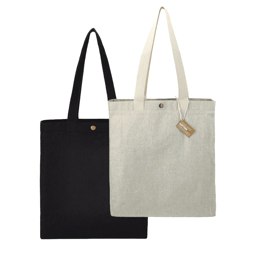 Two tote bags are displayed: one in black and one in light grey, featuring long handles and a snap closure. Repose 10oz Recycled Cotton Box Tote w/Snap - Image 1