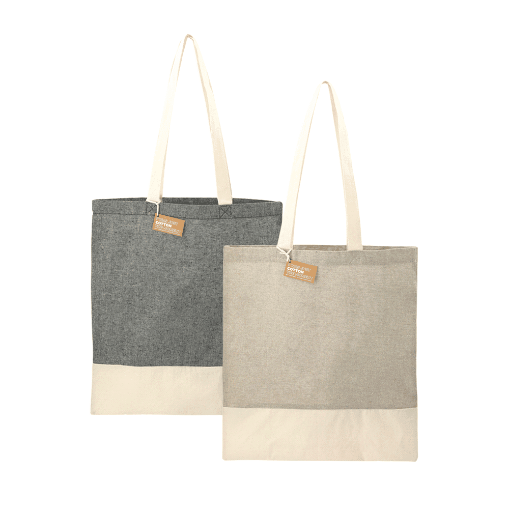 A grey and a beige tote bag made from recycled cotton twill, each featuring a branding tag. Split Recycled Cotton Twill Convention Tote - Image 1