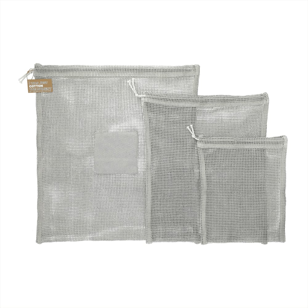 A set of three recycled cotton mesh cinch pouches in light grey, featuring a logo on one pouch. Recycled Cotton Mesh Cinch Pouch Set - Image 1