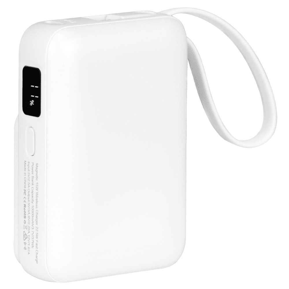 A white power bank with a slim design and a strap, featuring a digital display and logo. Infinity Magnetic Power Bank 10000 mAh - Image 1