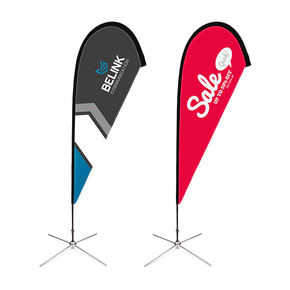 Two teardrop banners in black and red, featuring a logo and promotional text, mounted on a silver stand. Small(75*190cm) Teardrop Banners 9ft - Image 1
