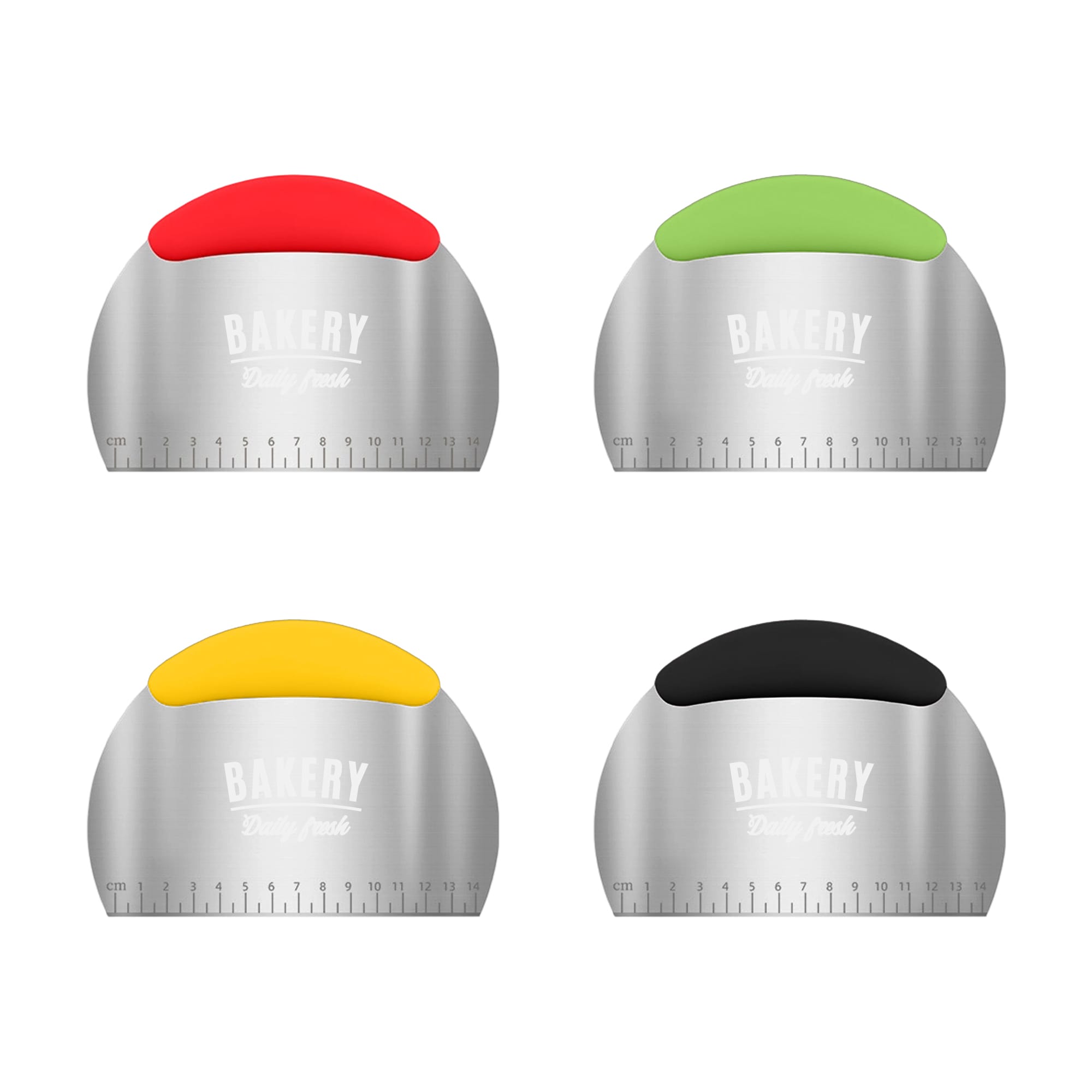 Four stainless steel flour cutters in red, green, yellow, and black, featuring measurement markings and a logo. Flour Cutter With Measurements - Image 1