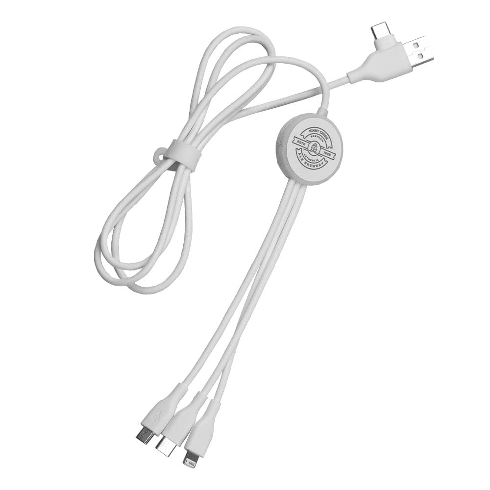 A white 120cm recycled 6-in-1 charging cable with multiple connectors and a circular logo. 120cm Recycled 6-In-1 Charging Cable - Image 1