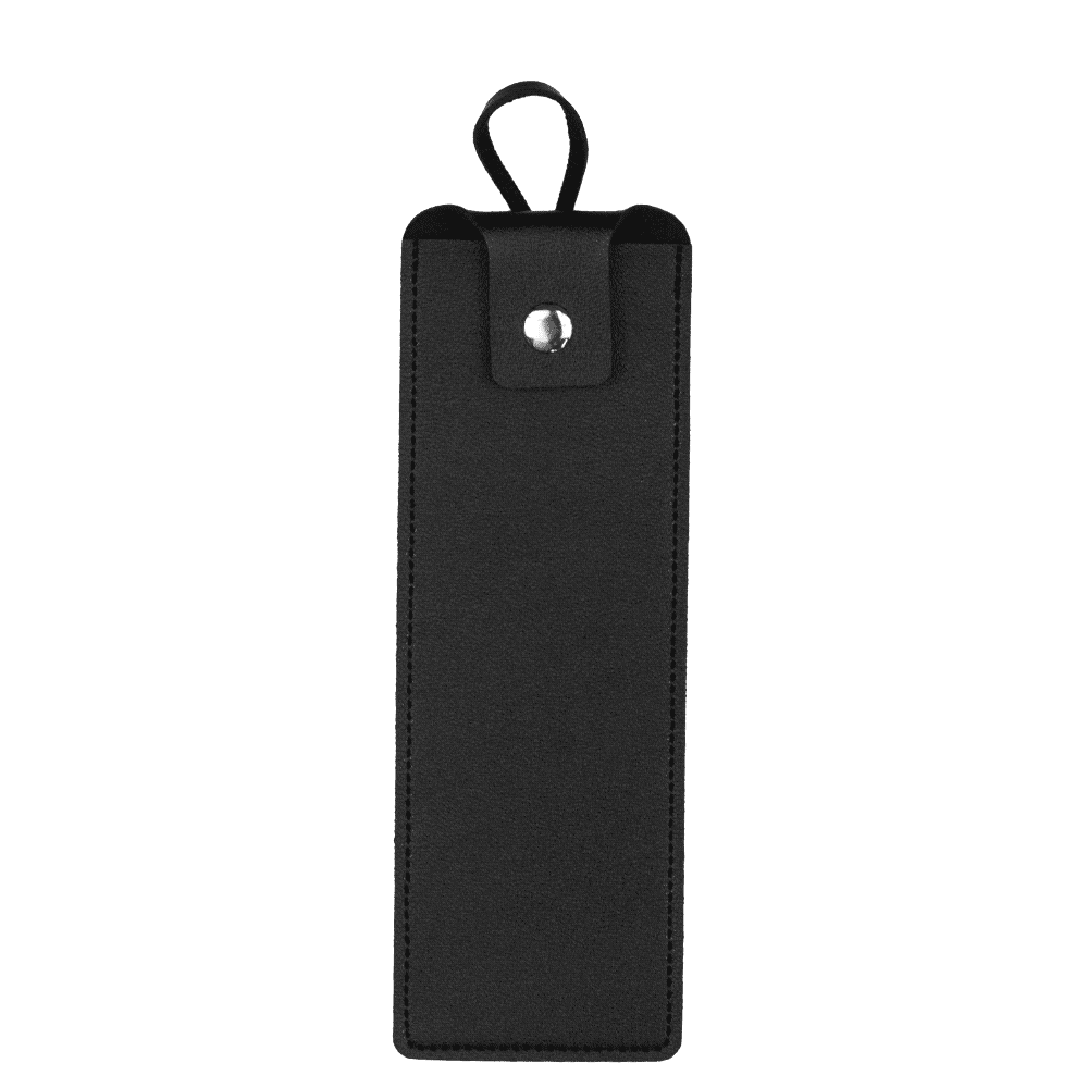 A black PU leather bag designed for cable tidying, featuring a loop for hanging and a snap closure. PU Leather Bag - Image 1