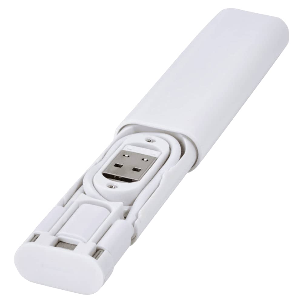 A modular charging cable in white, featuring a compact design with a built-in USB connector and a branding logo. Whiz Recycled Plastic Modular Charging Cable - Image 1