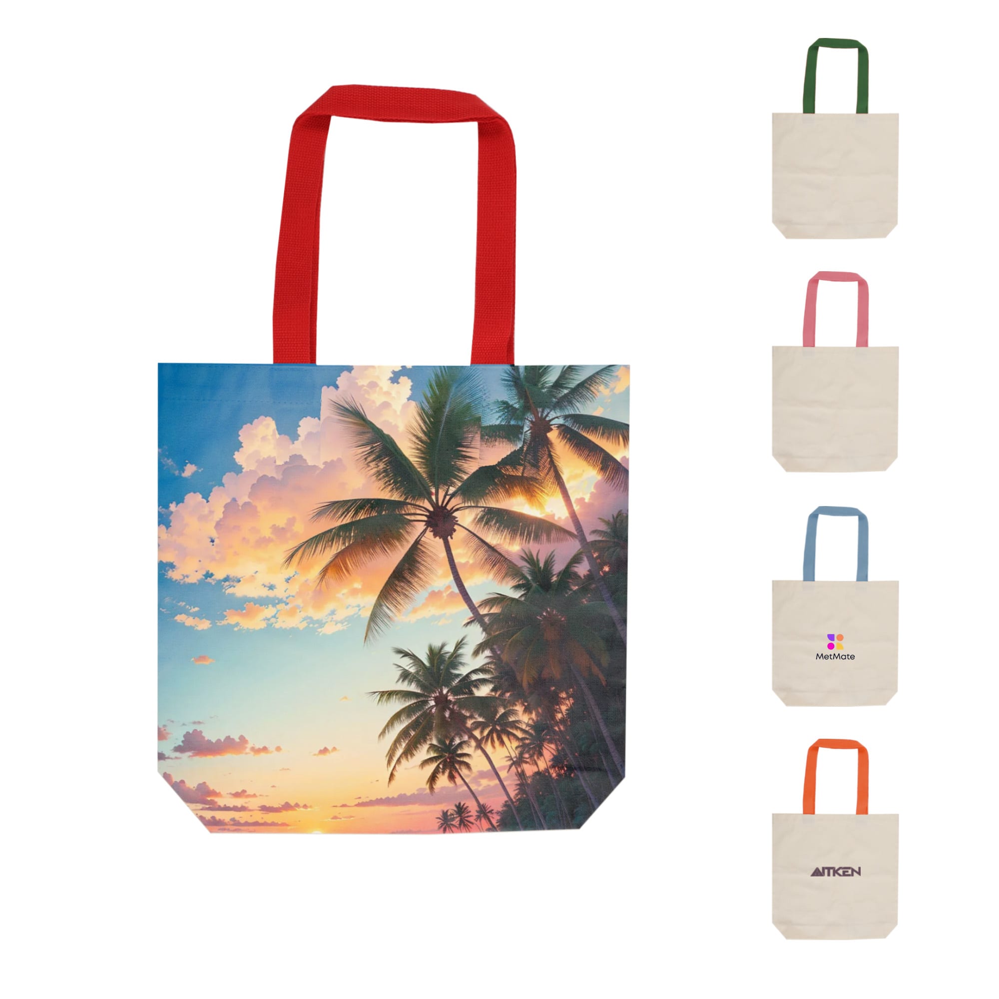 A vibrant canvas tote bag featuring a sunset and palm tree design, with red straps and multiple colour options displayed. 340gsm Canvas Tote Bag - Image 1