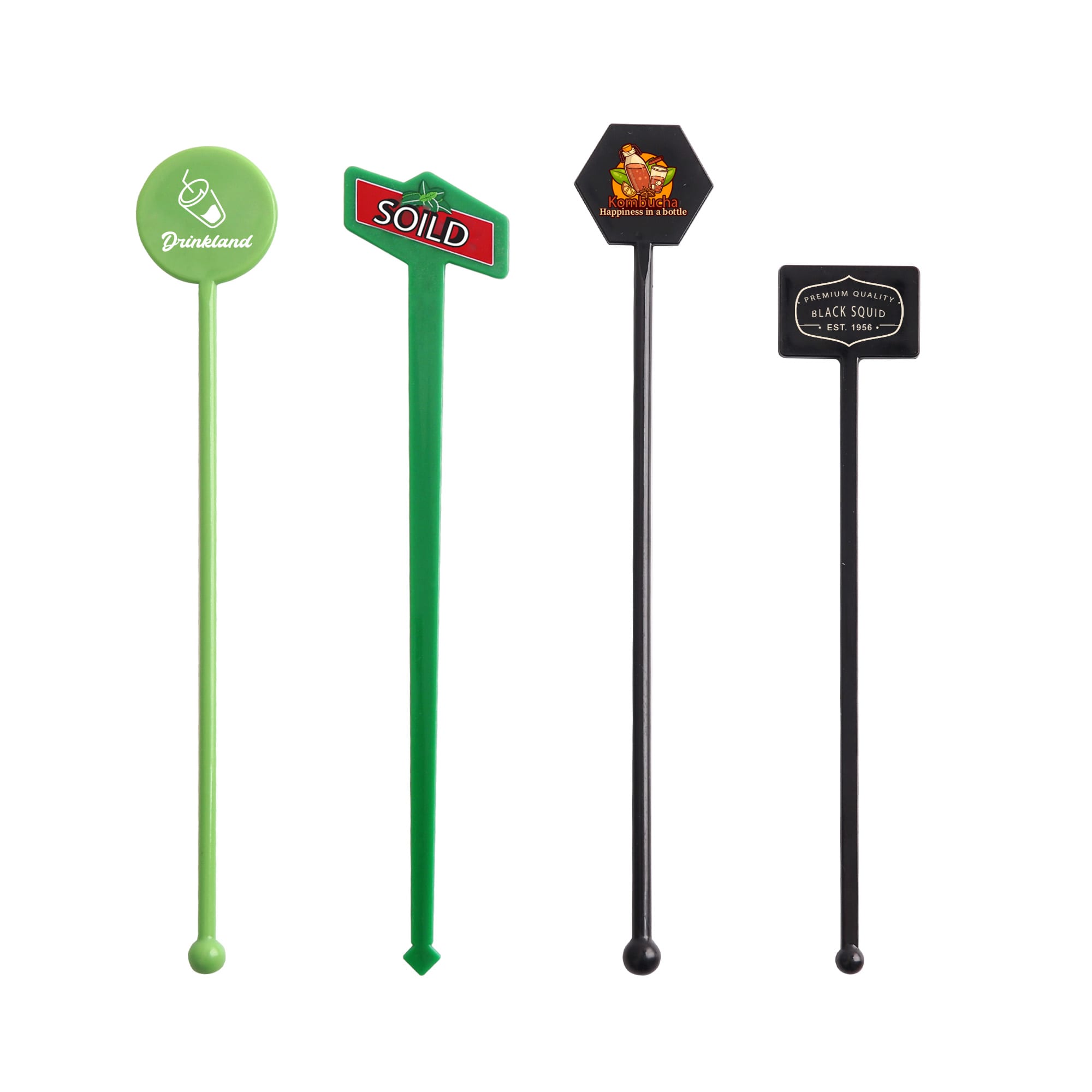 A collection of four drink stirrers in green and black, featuring various designs and a logo on one. PS Cocktail Drink Stirrer - Image 1