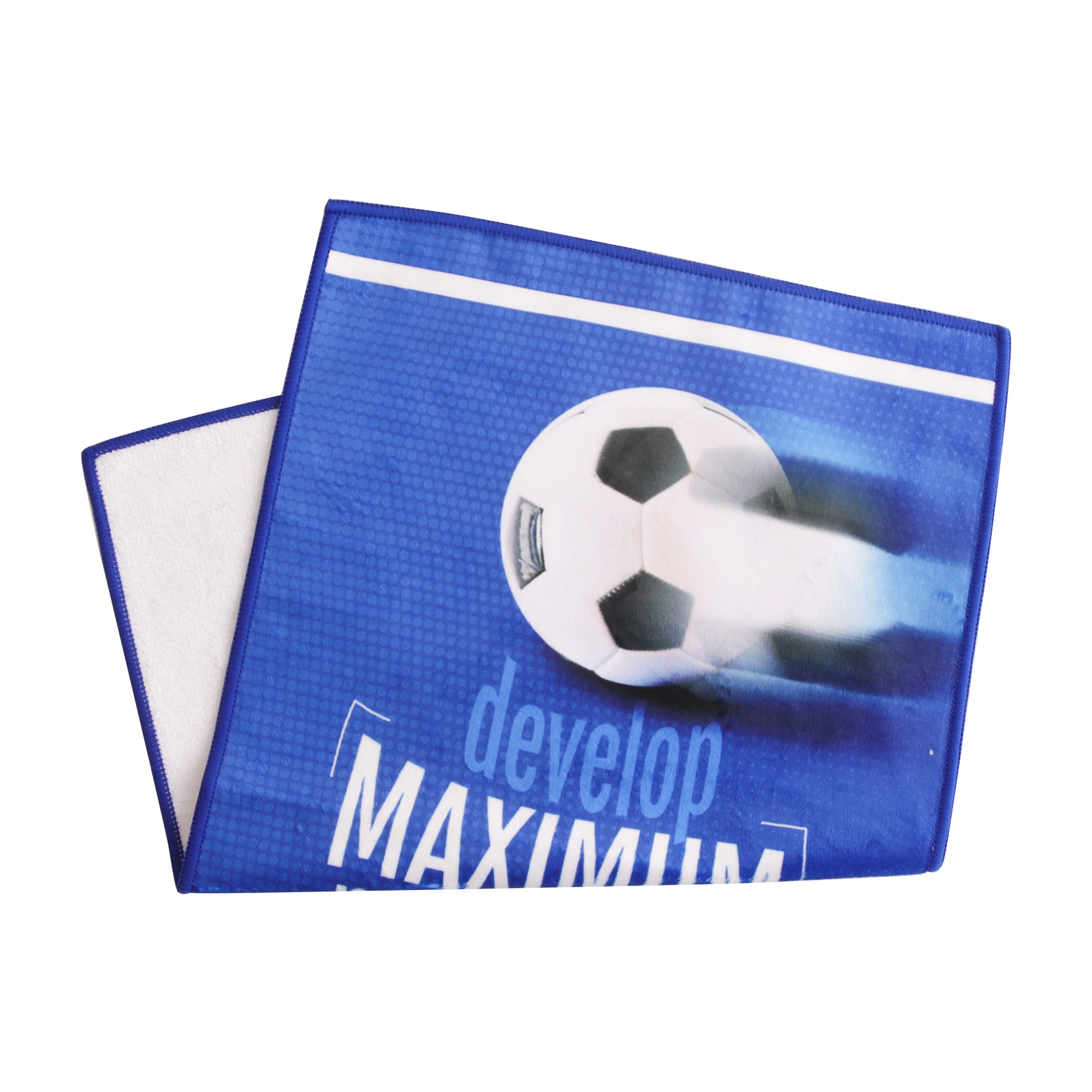 A blue sports towel featuring a soccer ball design and a logo, made for leisure and gym activities. Colour Sports Towel (100x180cm) - Image 1