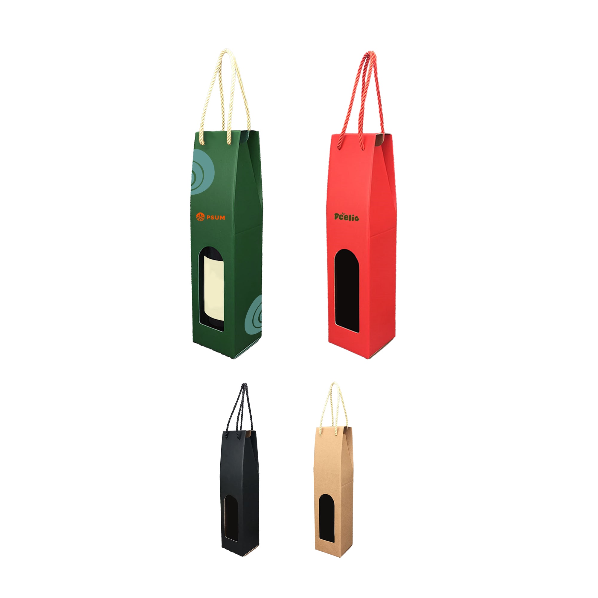 Single bottle wine boxes in green, red, black, and brown, featuring a rope handle and a window for the bottle. Single Bottle Wine Box with Rope Handle - Image 1