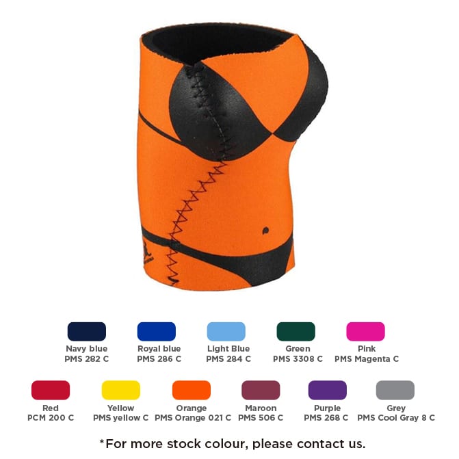 A drink bottle holder in orange with black accents, featuring a bikini design and stitching. Includes a logo. Babe Stubby Holder - Image 1