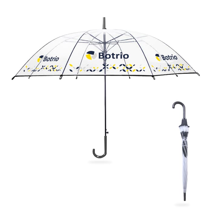 A transparent, eight-panel umbrella with a black frame and a curved handle, featuring a logo. Transparent Eight-Panel Umbrella - Image 1