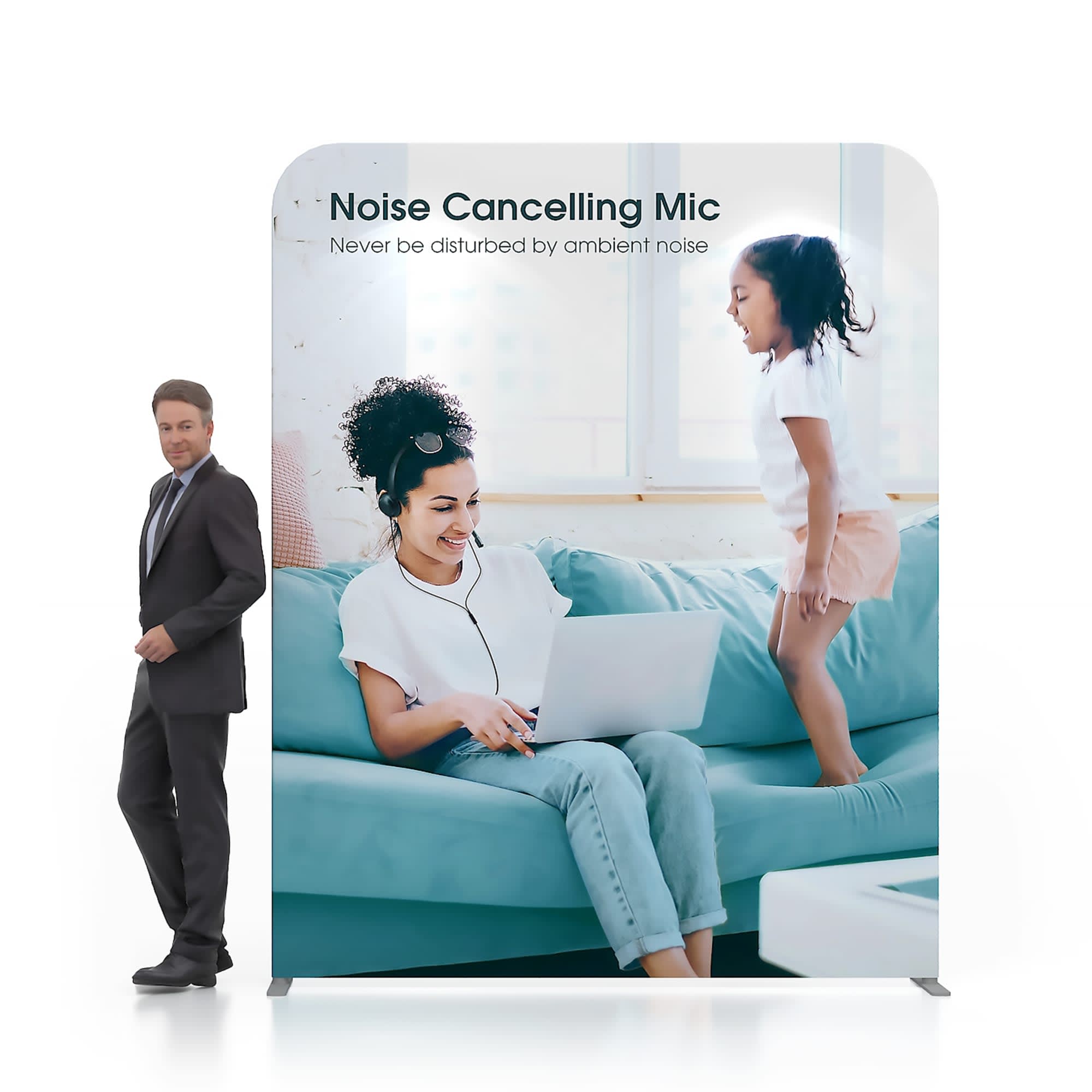 A 2m straight tension fabric display wall featuring a woman using a laptop on a sofa, with a child playing nearby. A 2m straight tension fabric display wall featuring a woman using a laptop on a sofa, with a child playing nearby.