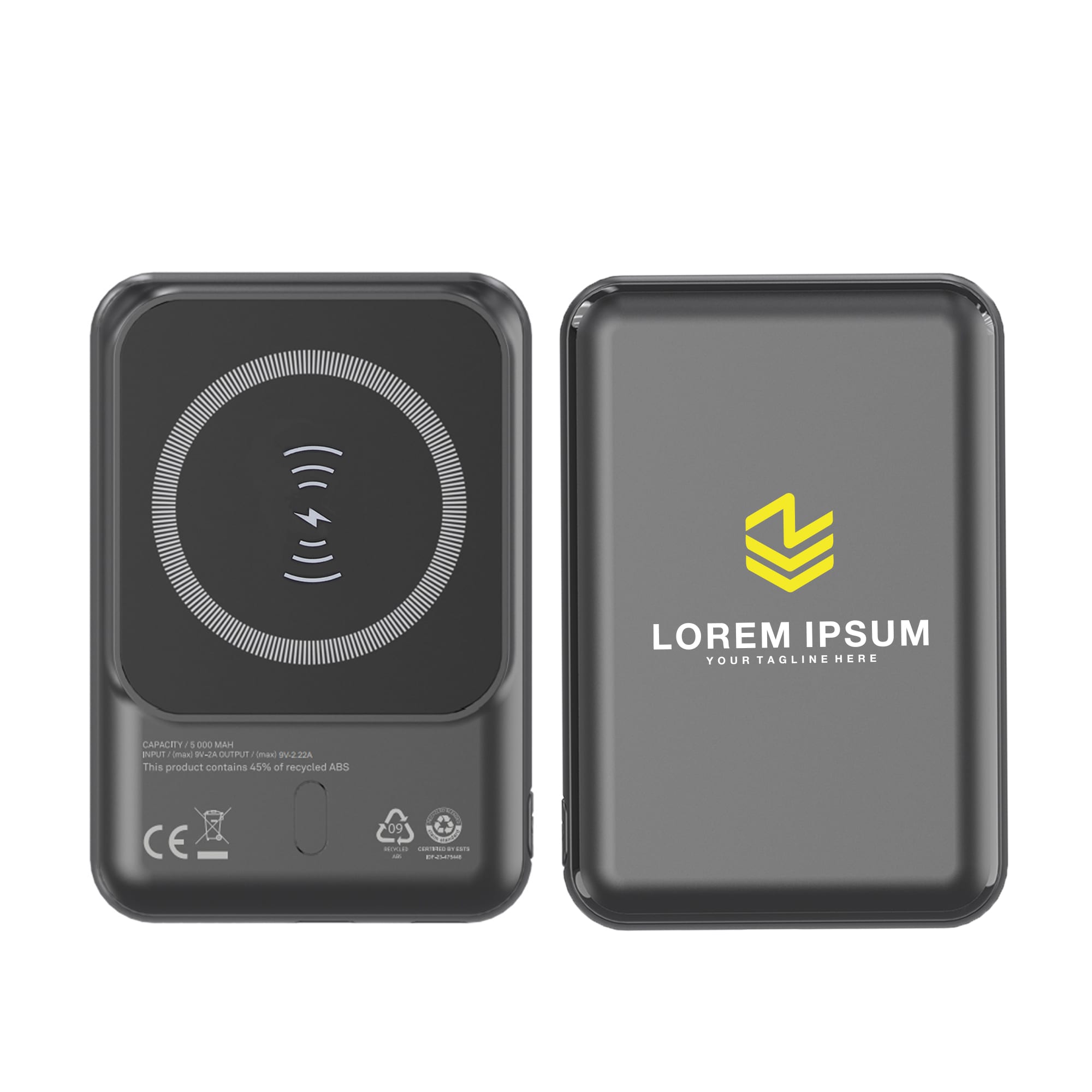A sleek black eco magnetic power bank with wireless charging feature and a logo on the surface. 5000mAh Eco Magnetic Power Bank - Image 1