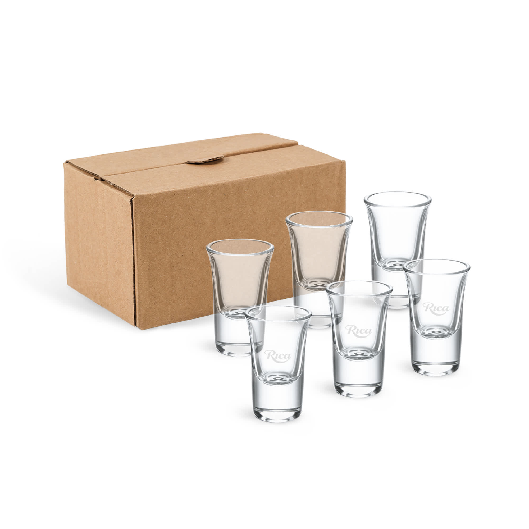 A set of six clear glass shot glasses displayed in front of a brown cardboard box. 15ml Shot Glass (6 pcs) - Image 1