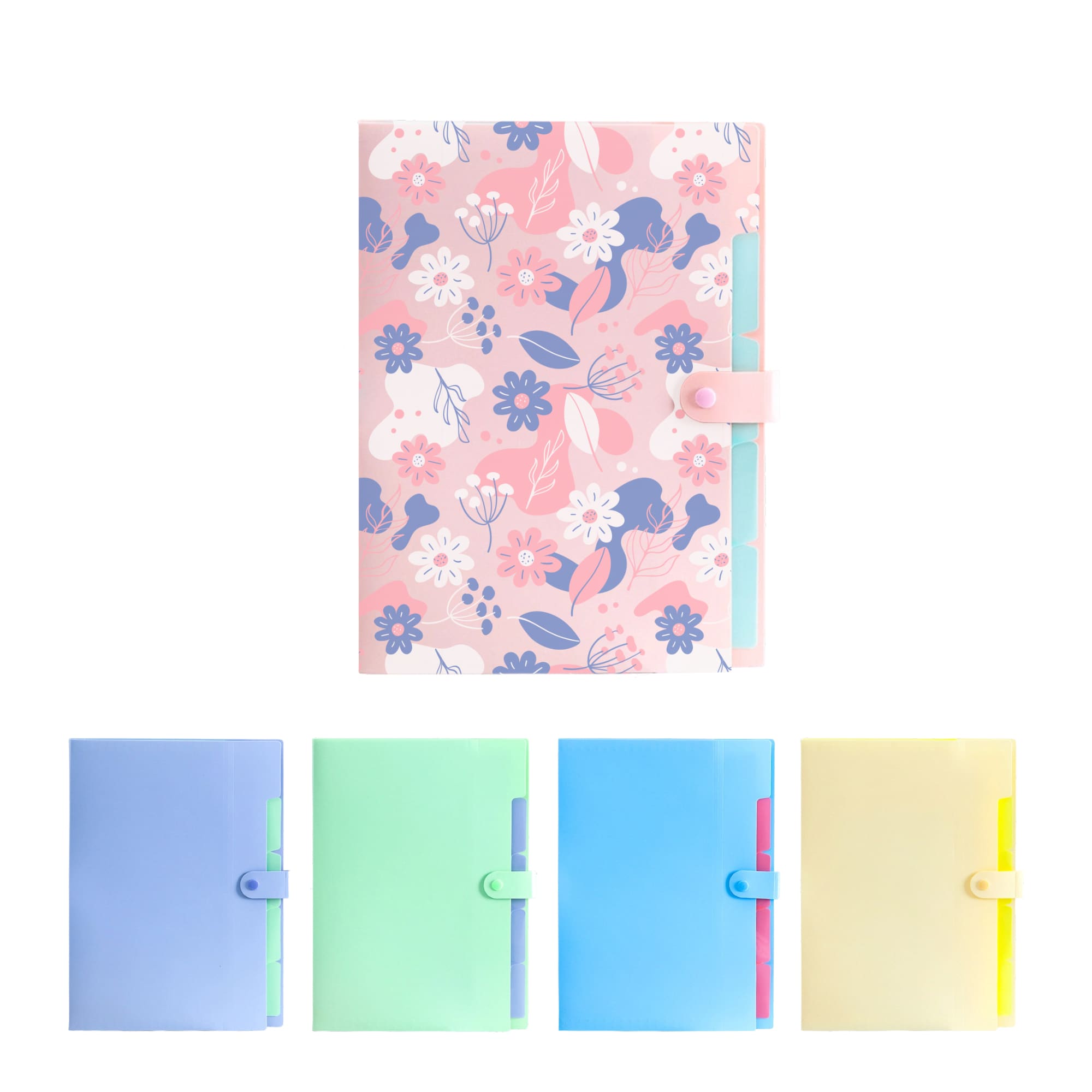 A4 expandable file folder in pink floral design with four solid colour options: blue, green, light blue, and yellow. A4 Expandable File Folder - Image 1