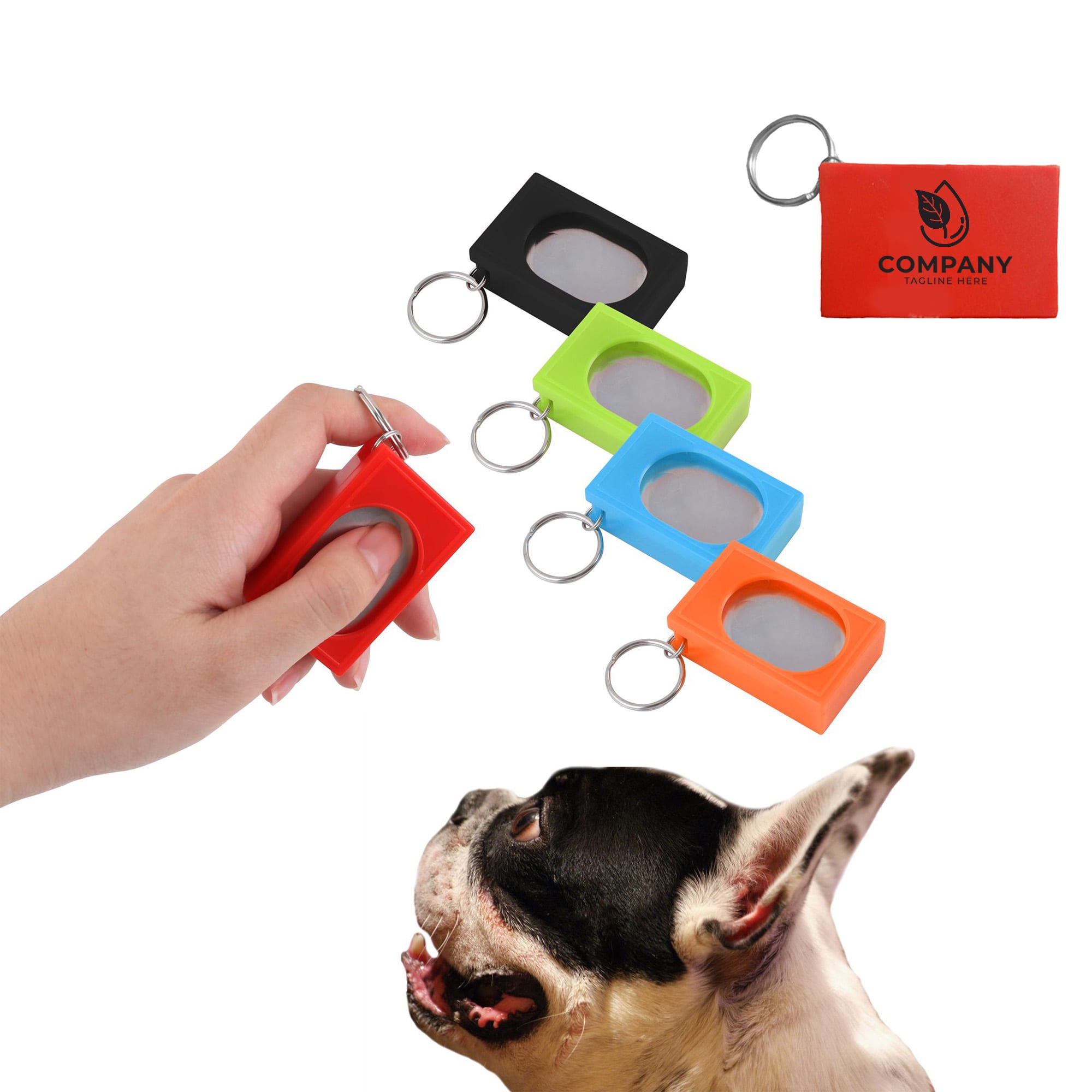A set of pet training clickers in red, black, green, orange, and a hand holding one. The clickers have a keychain attachment. Pet Training Clicker - Image 1