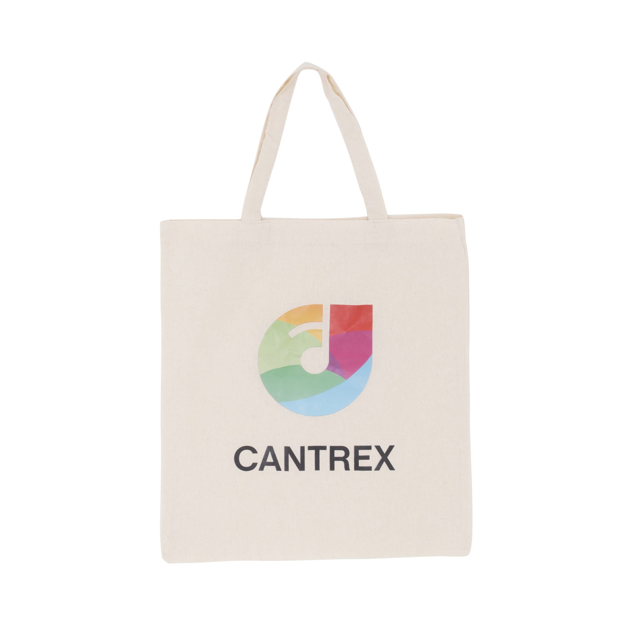 A beige calico tote bag featuring a colourful logo and a short handle. 170gsm Full Coloured Short Handle Calico Bag - Image 1