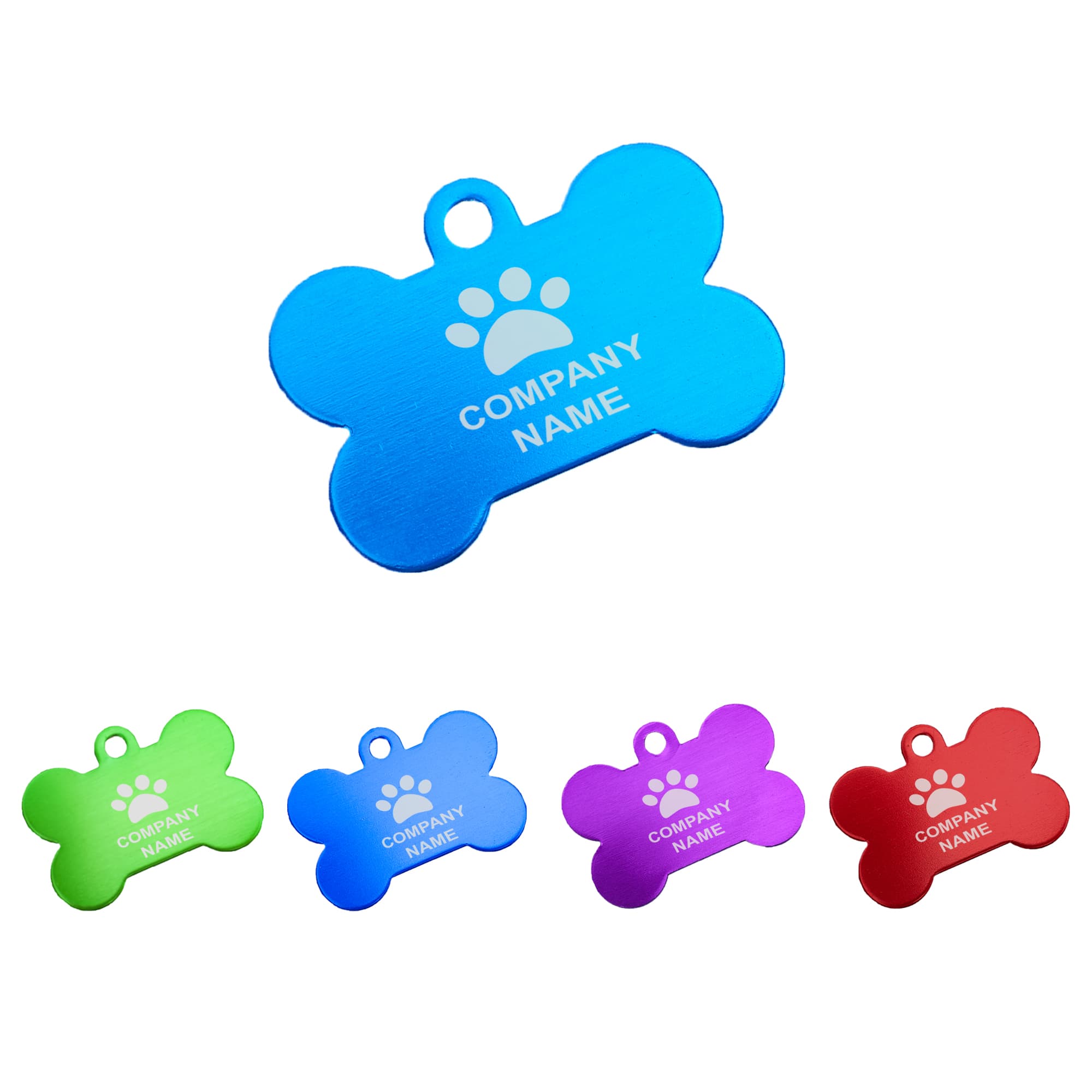 A bone-shaped pet ID tag in blue, with options in green, red, purple, and dark purple, featuring a logo. Pet ID Tag - Image 1